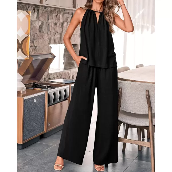 BTFBM Womens Casual Summer Two Piece Outfits Cotton Linen Sets Cutout Halter Sleeveless Top Wide Leg Pants Matching SetSolid Black