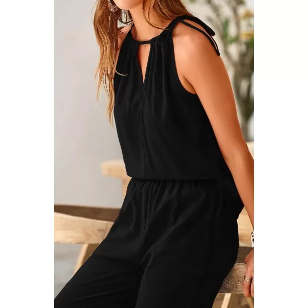 BTFBM Womens Casual Summer Two Piece Outfits Cotton Linen Sets Cutout Halter Sleeveless Top Wide Leg Pants Matching SetSolid Black