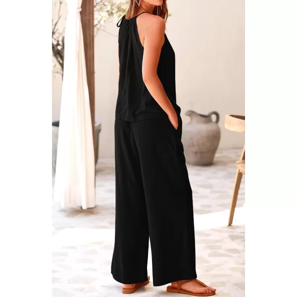 BTFBM Womens Casual Summer Two Piece Outfits Cotton Linen Sets Cutout Halter Sleeveless Top Wide Leg Pants Matching SetSolid Black