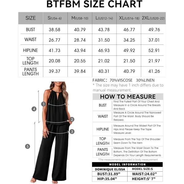 BTFBM Womens Casual Summer Two Piece Outfits Cotton Linen Sets Cutout Halter Sleeveless Top Wide Leg Pants Matching SetSolid Black