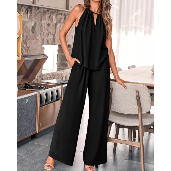 BTFBM Womens Casual Summer Two Piece Outfits Cotton Linen Sets Cutout Halter Sleeveless Top Wide Leg Pants Matching SetSolid Black