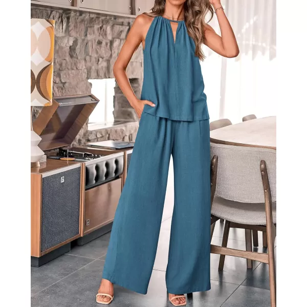 BTFBM Womens Casual Summer Two Piece Outfits Cotton Linen Sets Cutout Halter Sleeveless Top Wide Leg Pants Matching SetSolid Grey Blue