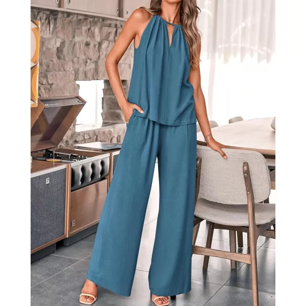 BTFBM Womens Casual Summer Two Piece Outfits Cotton Linen Sets Cutout Halter Sleeveless Top Wide Leg Pants Matching SetSolid Grey Blue