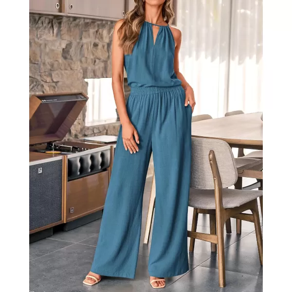 BTFBM Womens Casual Summer Two Piece Outfits Cotton Linen Sets Cutout Halter Sleeveless Top Wide Leg Pants Matching SetSolid Grey Blue