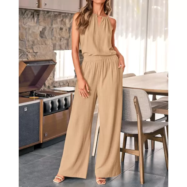 BTFBM Womens Casual Summer Two Piece Outfits Cotton Linen Sets Cutout Halter Sleeveless Top Wide Leg Pants Matching SetSolid Khaki
