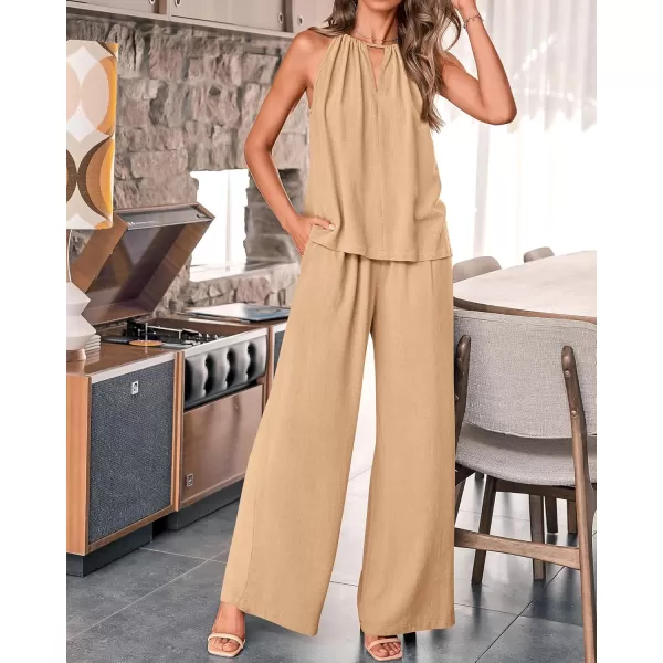 BTFBM Womens Casual Summer Two Piece Outfits Cotton Linen Sets Cutout Halter Sleeveless Top Wide Leg Pants Matching SetSolid Khaki