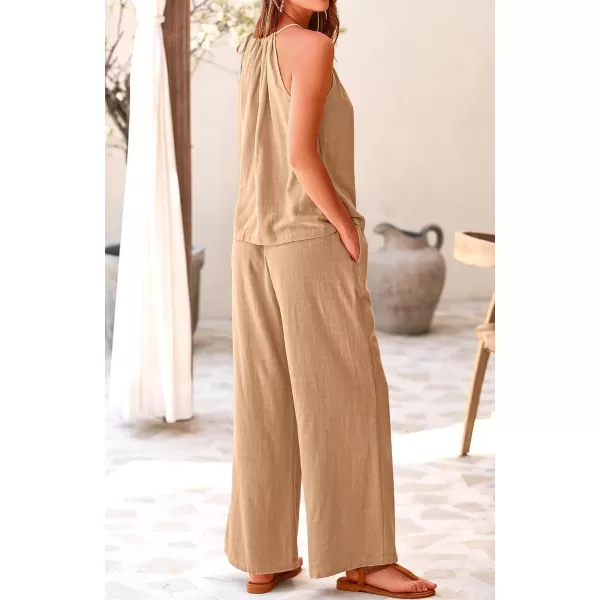 BTFBM Womens Casual Summer Two Piece Outfits Cotton Linen Sets Cutout Halter Sleeveless Top Wide Leg Pants Matching SetSolid Khaki