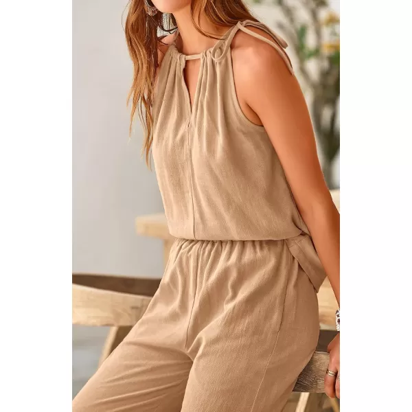 BTFBM Womens Casual Summer Two Piece Outfits Cotton Linen Sets Cutout Halter Sleeveless Top Wide Leg Pants Matching SetSolid Khaki