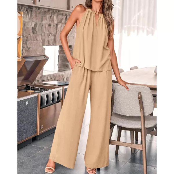 BTFBM Womens Casual Summer Two Piece Outfits Cotton Linen Sets Cutout Halter Sleeveless Top Wide Leg Pants Matching SetSolid Khaki