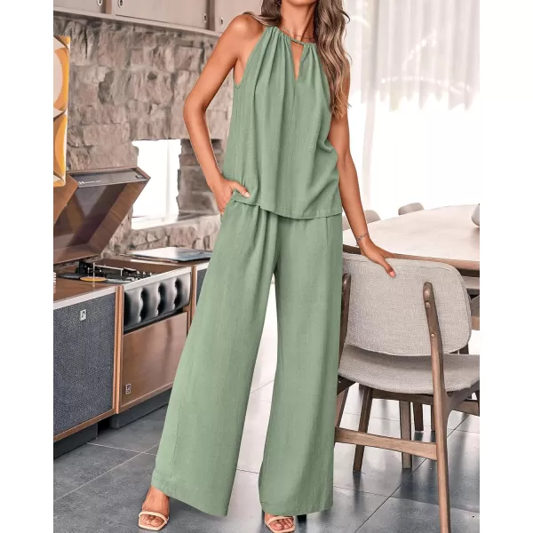 BTFBM Womens Casual Summer Two Piece Outfits Cotton Linen Sets Cutout Halter Sleeveless Top Wide Leg Pants Matching SetSolid Light Green