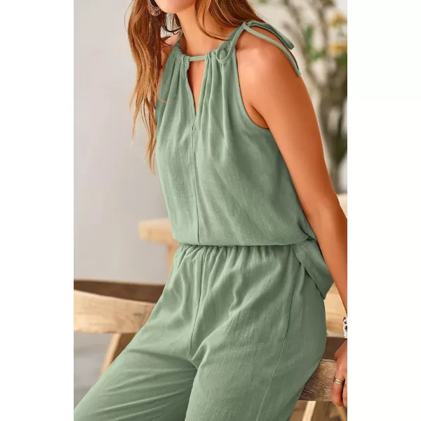 BTFBM Womens Casual Summer Two Piece Outfits Cotton Linen Sets Cutout Halter Sleeveless Top Wide Leg Pants Matching SetSolid Light Green