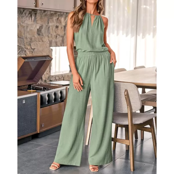 BTFBM Womens Casual Summer Two Piece Outfits Cotton Linen Sets Cutout Halter Sleeveless Top Wide Leg Pants Matching SetSolid Light Green