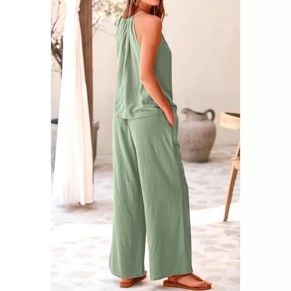 BTFBM Womens Casual Summer Two Piece Outfits Cotton Linen Sets Cutout Halter Sleeveless Top Wide Leg Pants Matching SetSolid Light Green