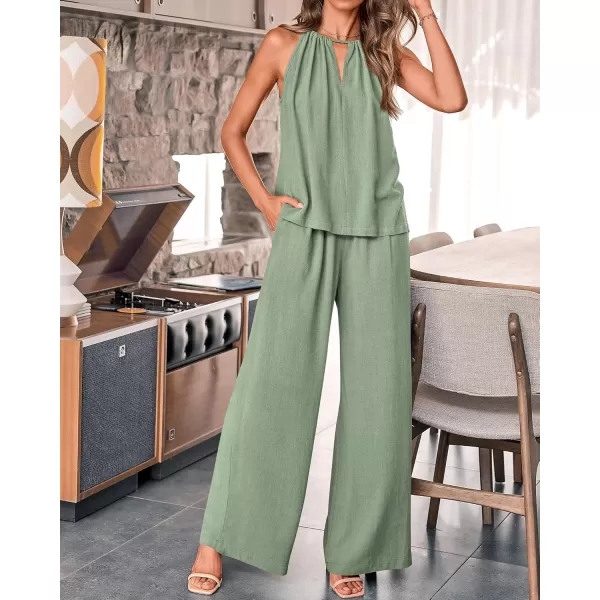 BTFBM Womens Casual Summer Two Piece Outfits Cotton Linen Sets Cutout Halter Sleeveless Top Wide Leg Pants Matching SetSolid Light Green