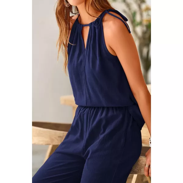 BTFBM Womens Casual Summer Two Piece Outfits Cotton Linen Sets Cutout Halter Sleeveless Top Wide Leg Pants Matching SetSolid Navy