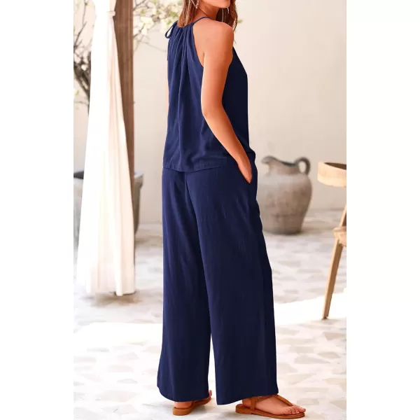 BTFBM Womens Casual Summer Two Piece Outfits Cotton Linen Sets Cutout Halter Sleeveless Top Wide Leg Pants Matching SetSolid Navy