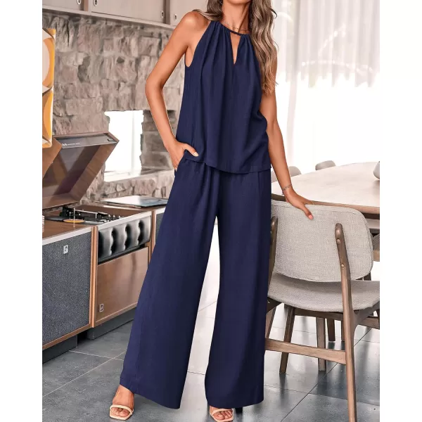 BTFBM Womens Casual Summer Two Piece Outfits Cotton Linen Sets Cutout Halter Sleeveless Top Wide Leg Pants Matching SetSolid Navy