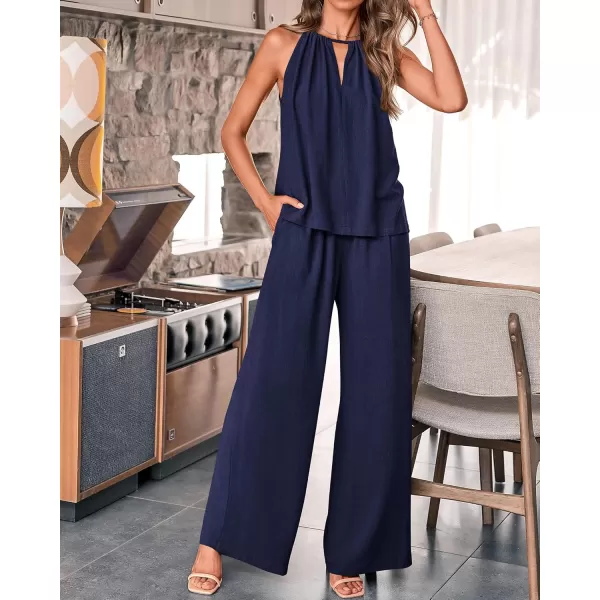 BTFBM Womens Casual Summer Two Piece Outfits Cotton Linen Sets Cutout Halter Sleeveless Top Wide Leg Pants Matching SetSolid Navy