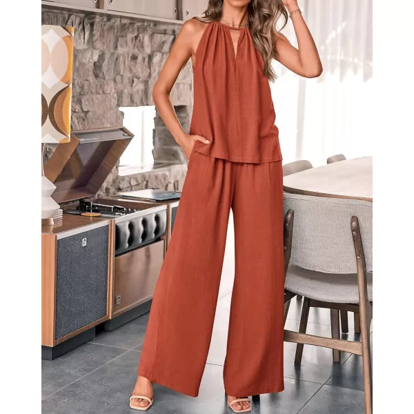 BTFBM Womens Casual Summer Two Piece Outfits Cotton Linen Sets Cutout Halter Sleeveless Top Wide Leg Pants Matching SetSolid Rust Red