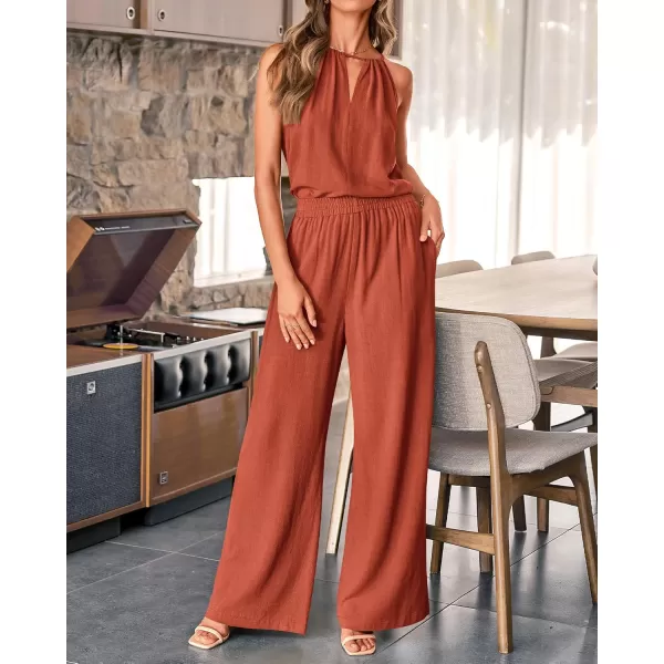 BTFBM Womens Casual Summer Two Piece Outfits Cotton Linen Sets Cutout Halter Sleeveless Top Wide Leg Pants Matching SetSolid Rust Red