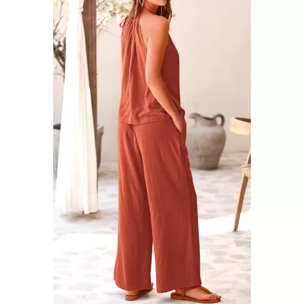 BTFBM Womens Casual Summer Two Piece Outfits Cotton Linen Sets Cutout Halter Sleeveless Top Wide Leg Pants Matching SetSolid Rust Red