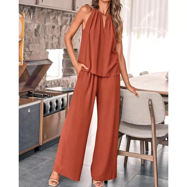BTFBM Womens Casual Summer Two Piece Outfits Cotton Linen Sets Cutout Halter Sleeveless Top Wide Leg Pants Matching SetSolid Rust Red