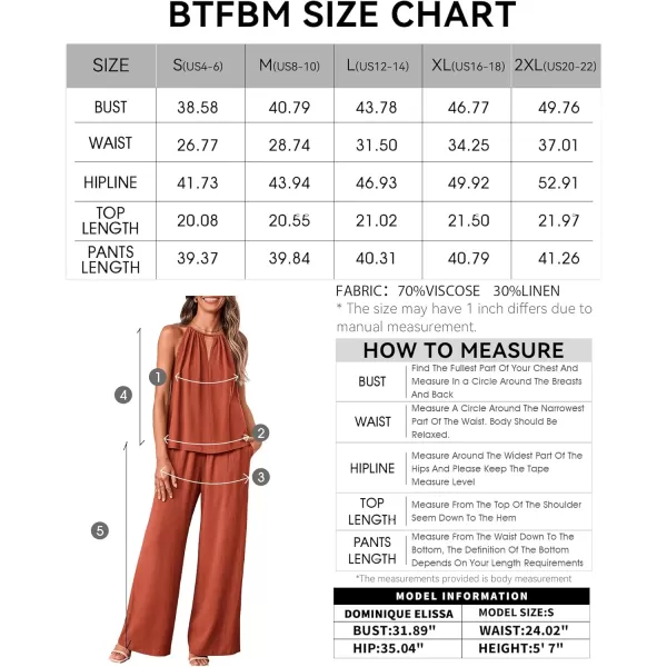 BTFBM Womens Casual Summer Two Piece Outfits Cotton Linen Sets Cutout Halter Sleeveless Top Wide Leg Pants Matching SetSolid Rust Red