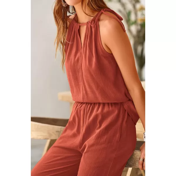 BTFBM Womens Casual Summer Two Piece Outfits Cotton Linen Sets Cutout Halter Sleeveless Top Wide Leg Pants Matching SetSolid Rust Red