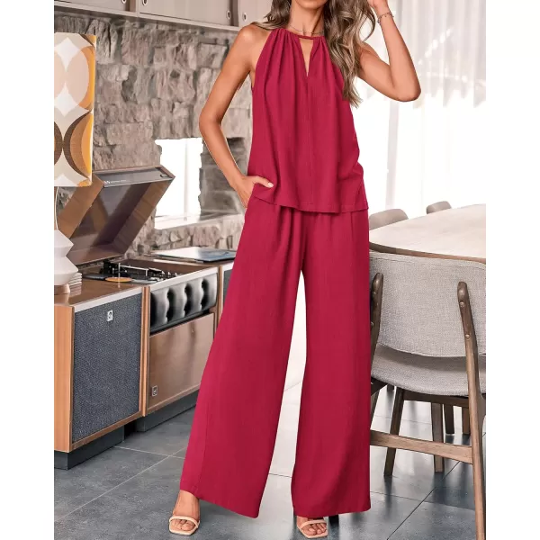 BTFBM Womens Casual Summer Two Piece Outfits Cotton Linen Sets Cutout Halter Sleeveless Top Wide Leg Pants Matching SetSolid Wine Red