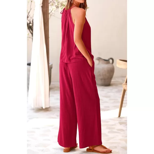 BTFBM Womens Casual Summer Two Piece Outfits Cotton Linen Sets Cutout Halter Sleeveless Top Wide Leg Pants Matching SetSolid Wine Red
