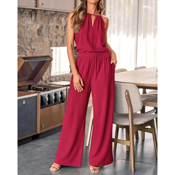 BTFBM Womens Casual Summer Two Piece Outfits Cotton Linen Sets Cutout Halter Sleeveless Top Wide Leg Pants Matching SetSolid Wine Red