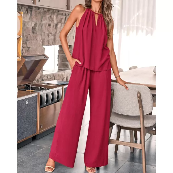 BTFBM Womens Casual Summer Two Piece Outfits Cotton Linen Sets Cutout Halter Sleeveless Top Wide Leg Pants Matching SetSolid Wine Red
