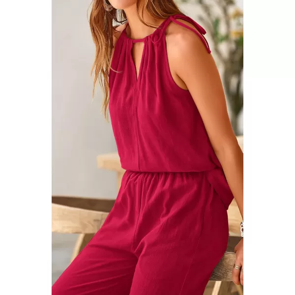 BTFBM Womens Casual Summer Two Piece Outfits Cotton Linen Sets Cutout Halter Sleeveless Top Wide Leg Pants Matching SetSolid Wine Red