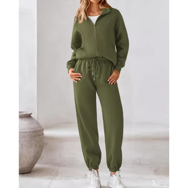 BTFBM Womens Sweatsuits 2 Piece Set 2024 Fleece Long Sleeve Zip Up Sweatshirt Sweatpants Winter Fall Outfits Jogger SetsArmy Green