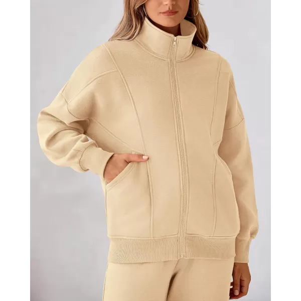 BTFBM Womens Sweatsuits 2 Piece Set 2024 Fleece Long Sleeve Zip Up Sweatshirt Sweatpants Winter Fall Outfits Jogger SetsBeige