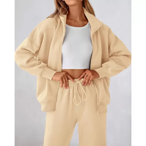 BTFBM Womens Sweatsuits 2 Piece Set 2024 Fleece Long Sleeve Zip Up Sweatshirt Sweatpants Winter Fall Outfits Jogger SetsBeige