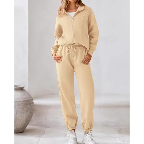 BTFBM Womens Sweatsuits 2 Piece Set 2024 Fleece Long Sleeve Zip Up Sweatshirt Sweatpants Winter Fall Outfits Jogger SetsBeige
