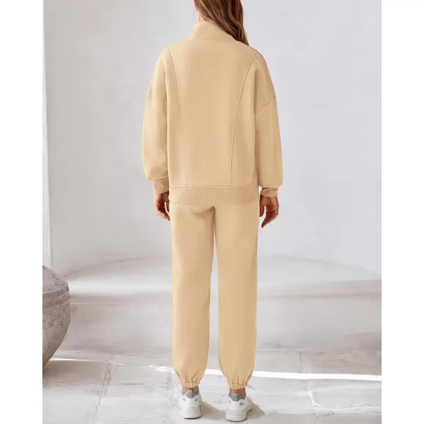 BTFBM Womens Sweatsuits 2 Piece Set 2024 Fleece Long Sleeve Zip Up Sweatshirt Sweatpants Winter Fall Outfits Jogger SetsBeige