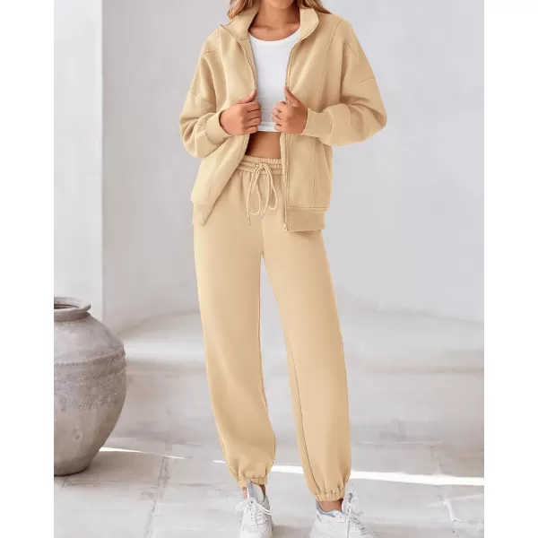 BTFBM Womens Sweatsuits 2 Piece Set 2024 Fleece Long Sleeve Zip Up Sweatshirt Sweatpants Winter Fall Outfits Jogger SetsBeige