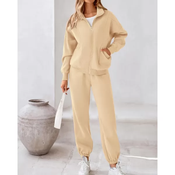 BTFBM Womens Sweatsuits 2 Piece Set 2024 Fleece Long Sleeve Zip Up Sweatshirt Sweatpants Winter Fall Outfits Jogger SetsBeige