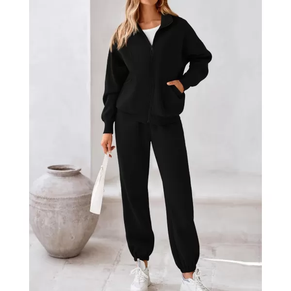 BTFBM Womens Sweatsuits 2 Piece Set 2024 Fleece Long Sleeve Zip Up Sweatshirt Sweatpants Winter Fall Outfits Jogger SetsBlack