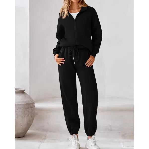 BTFBM Womens Sweatsuits 2 Piece Set 2024 Fleece Long Sleeve Zip Up Sweatshirt Sweatpants Winter Fall Outfits Jogger SetsBlack