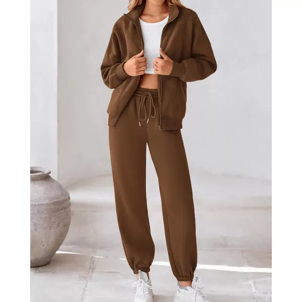 BTFBM Womens Sweatsuits 2 Piece Set 2024 Fleece Long Sleeve Zip Up Sweatshirt Sweatpants Winter Fall Outfits Jogger SetsBrown