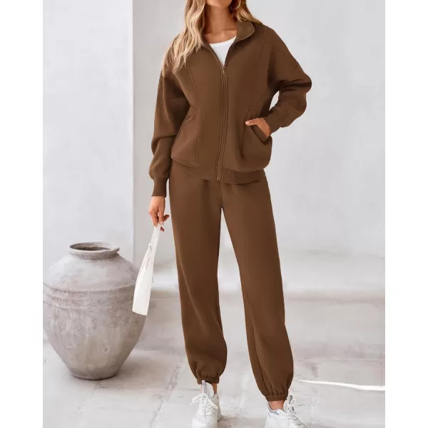 BTFBM Womens Sweatsuits 2 Piece Set 2024 Fleece Long Sleeve Zip Up Sweatshirt Sweatpants Winter Fall Outfits Jogger SetsBrown