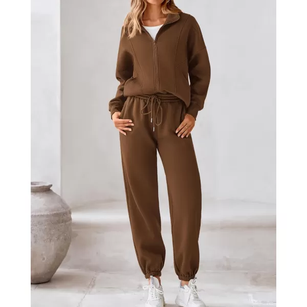 BTFBM Womens Sweatsuits 2 Piece Set 2024 Fleece Long Sleeve Zip Up Sweatshirt Sweatpants Winter Fall Outfits Jogger SetsBrown