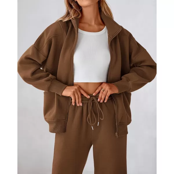 BTFBM Womens Sweatsuits 2 Piece Set 2024 Fleece Long Sleeve Zip Up Sweatshirt Sweatpants Winter Fall Outfits Jogger SetsBrown