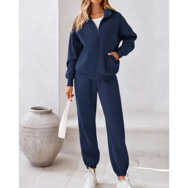 BTFBM Womens Sweatsuits 2 Piece Set 2024 Fleece Long Sleeve Zip Up Sweatshirt Sweatpants Winter Fall Outfits Jogger SetsDark Blue
