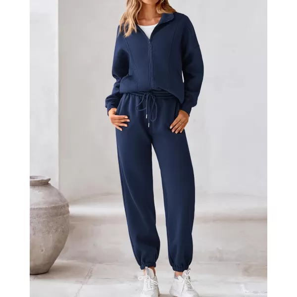BTFBM Womens Sweatsuits 2 Piece Set 2024 Fleece Long Sleeve Zip Up Sweatshirt Sweatpants Winter Fall Outfits Jogger SetsDark Blue