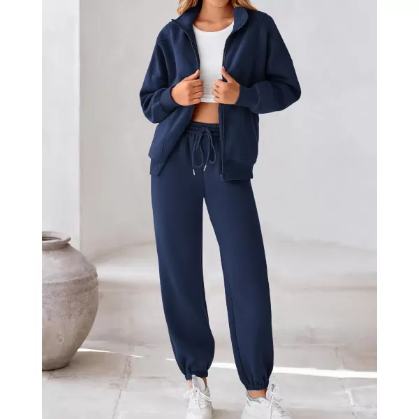 BTFBM Womens Sweatsuits 2 Piece Set 2024 Fleece Long Sleeve Zip Up Sweatshirt Sweatpants Winter Fall Outfits Jogger SetsDark Blue