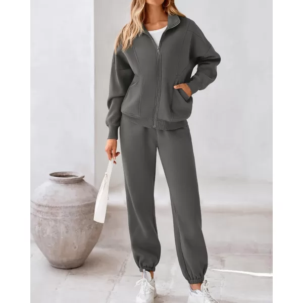 BTFBM Womens Sweatsuits 2 Piece Set 2024 Fleece Long Sleeve Zip Up Sweatshirt Sweatpants Winter Fall Outfits Jogger SetsDark Grey